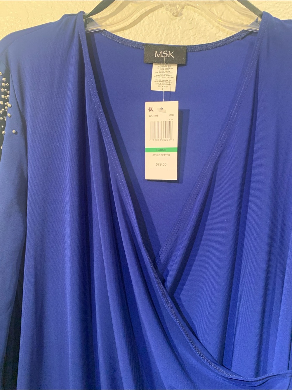 MSK Royal Blue Draped V-Neck Dress with Beaded Sheer Sleeves - Picture 7 of 9